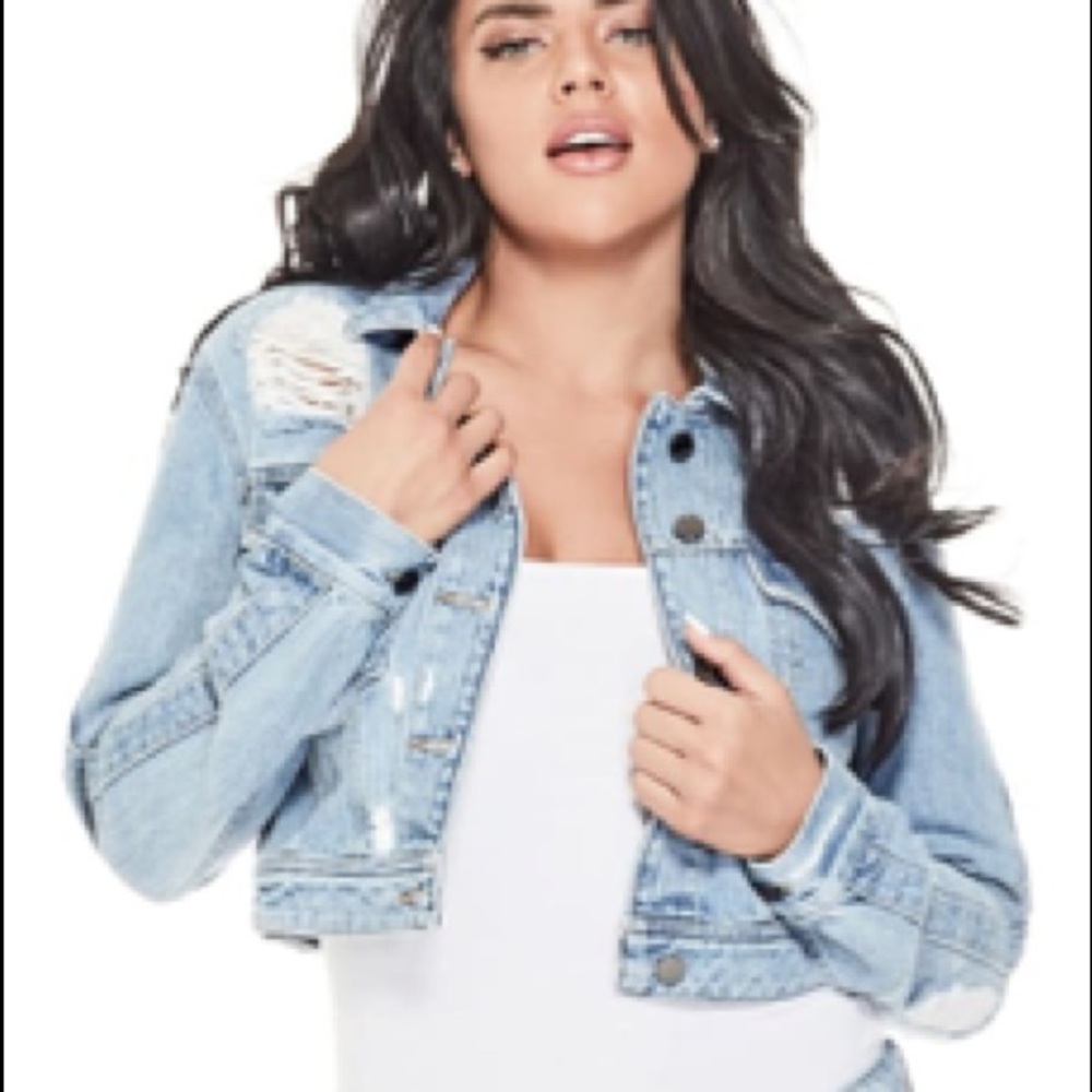 GUESS Cropped Distressed Denim Jacket -  M